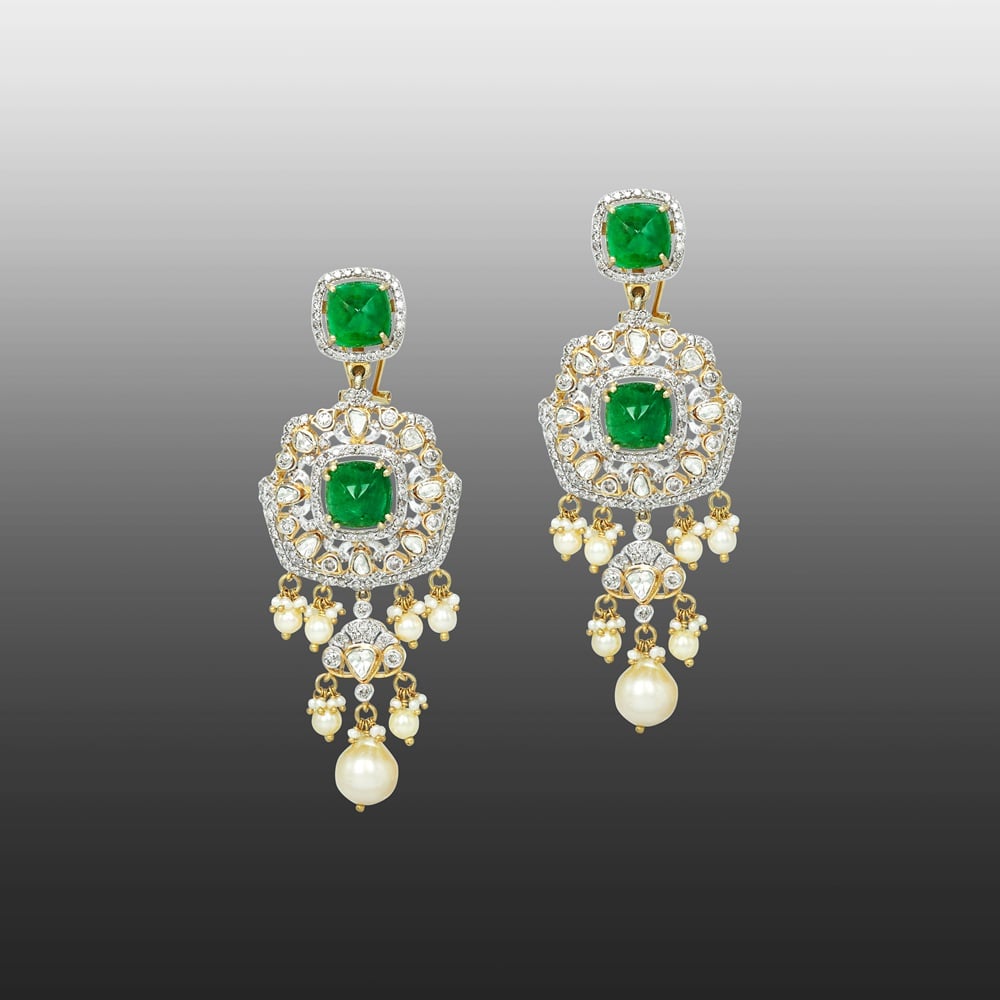 Emerald and Polki Earrings with Pearls